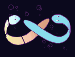 A simple digital illustration of two flatworms chasing each other in an infinity sign. The flatworm on the right is fragmented into several pieces.