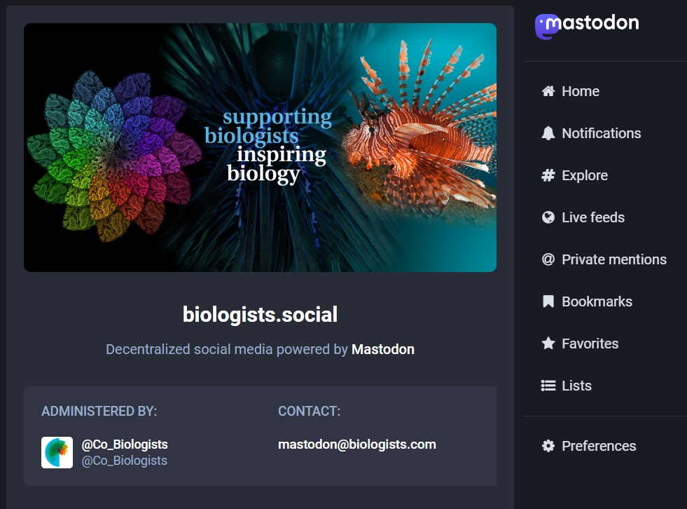 screenshot of the homepage of the biologists.social server on Mastodon.