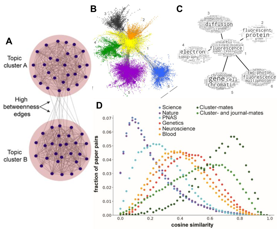 Depiction of the co-citation network showing how cluster neighbours are assigned by high betweenness edges, the resulting cluster neighbours for super resolution fluorescence microscopy. Finally how the co-citation network clusters compare to disciplinary or non disciplinary journals for organising the literature with similar publications.